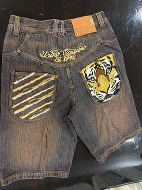 Vintage Tiger Embroidered Barefox Jeans Shorts 34 Y2K Hip Hop Baggy Grunge